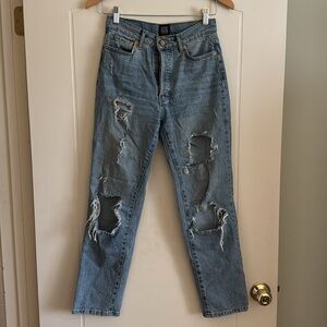 BDG  ripped Distressed Stretch high rise slim straight blue jeans 
Size 25